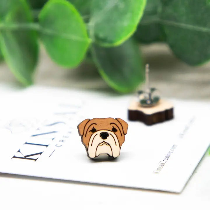 Wood Bulldog Earrings