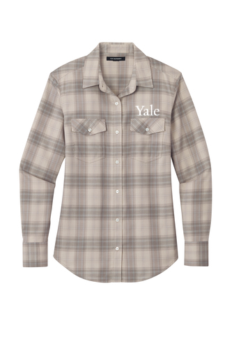 Womens Yale Wordmark Plaid Long Sleeve Shirt