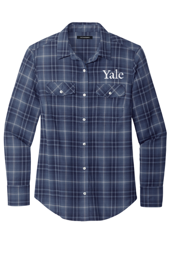 Womens Yale Wordmark Plaid Long Sleeve Shirt